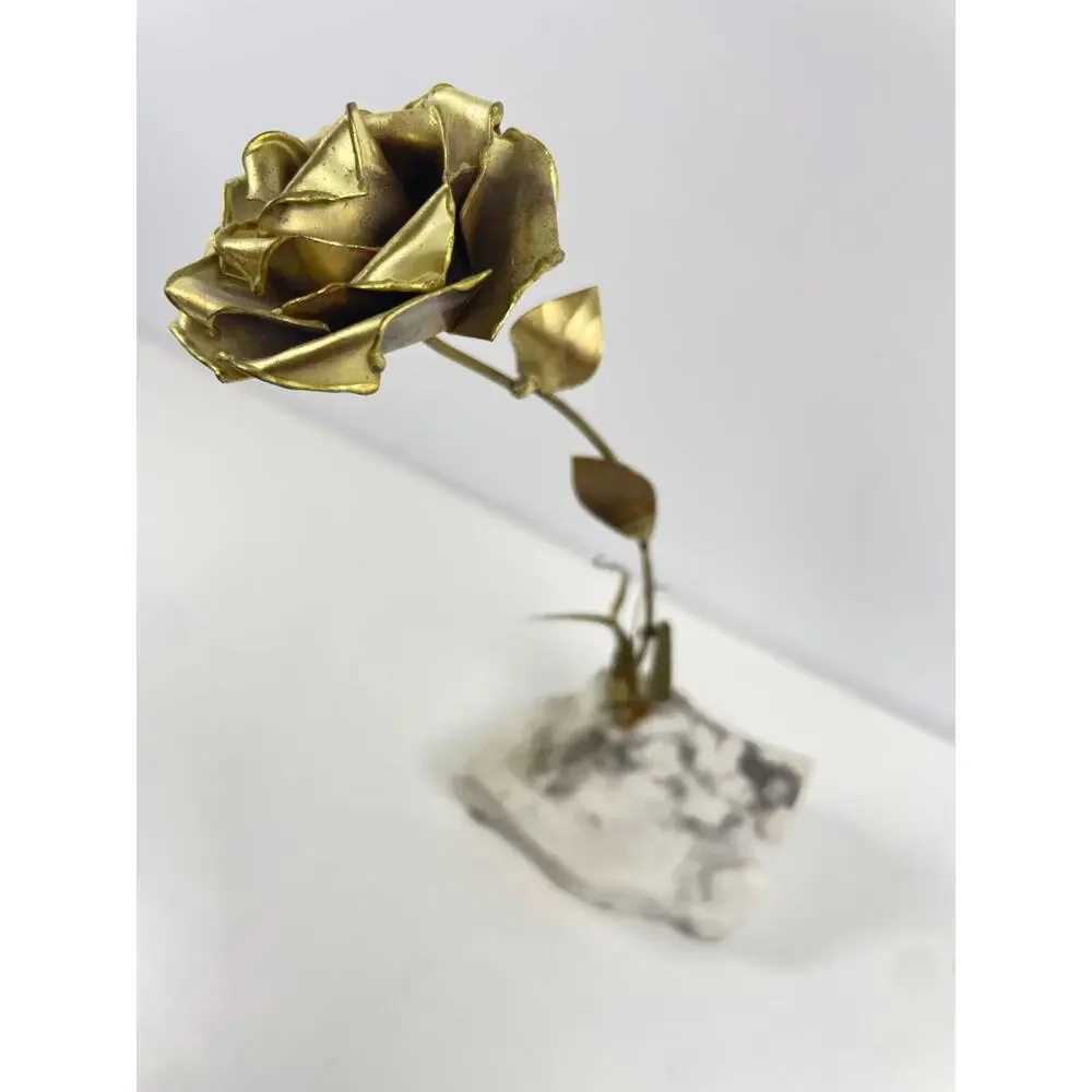 Vtg Metal Brass or Bronze Rose Brutalist Sculpture Mounted on Stone Base 9" - Picture 1 of 5